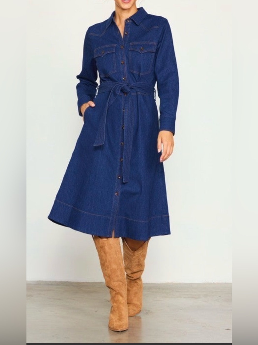 Skies Are Blue Indigo Denim Midi Shirt Dress with Tie Waist